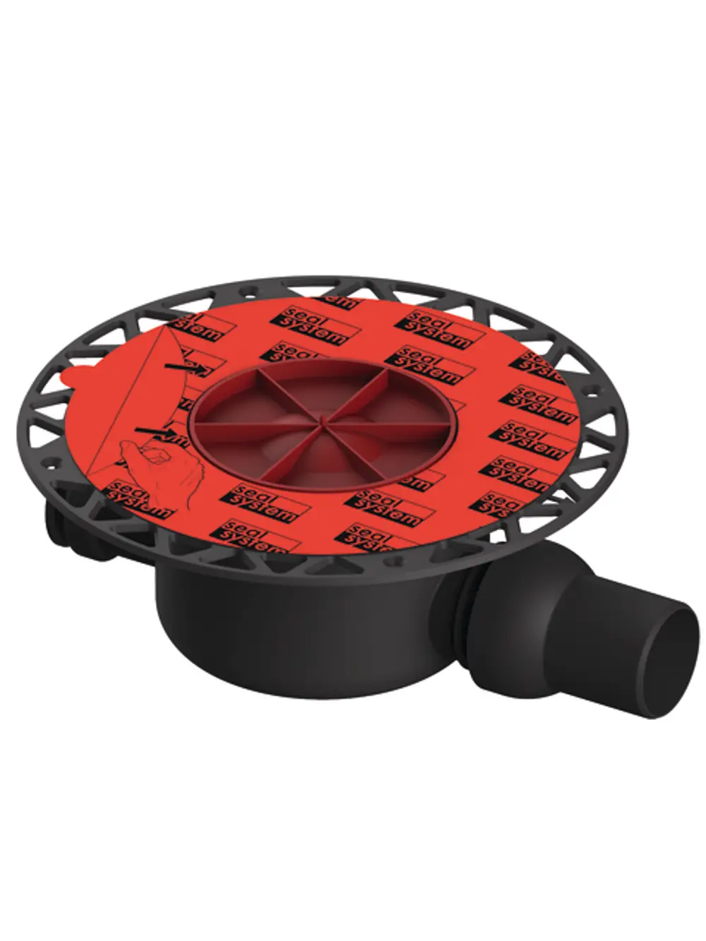 Ablauf mit runder Abdeckplatte und integriertem Seal System von TECE. Das Produkt hat einen seitlichen Anschluss und eine zentrale Vertiefung für die Wasserableitung.